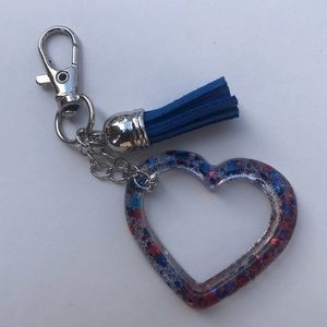 Handmade Resin Glitter Open Heart Key Chain: Red & Blue